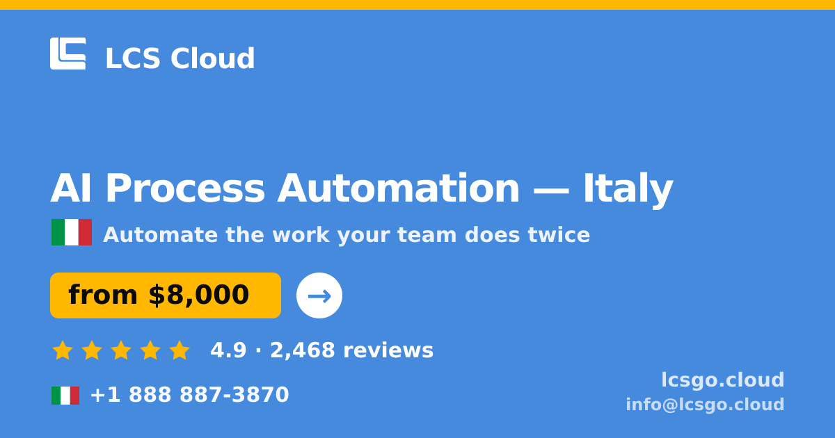 AI Process Automation in Italy — from $8,000, rated 4.9/5 by 2468 clients. LCS Cloud.