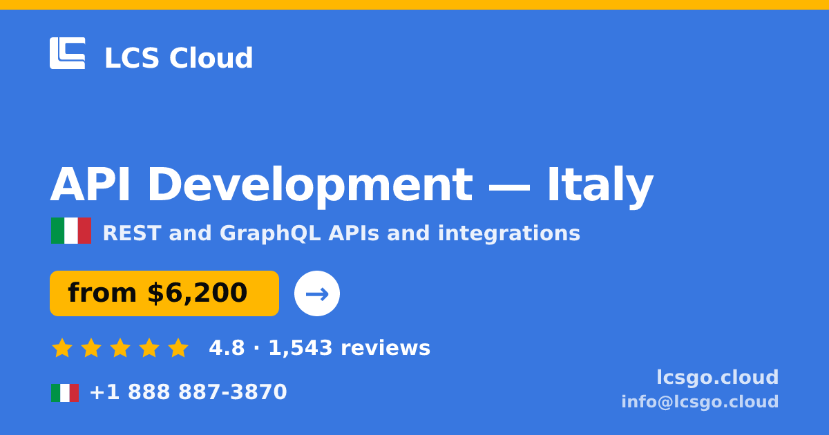 API Development in Italy — from $6,200, rated 4.8/5 by 1543 clients. LCS Cloud.