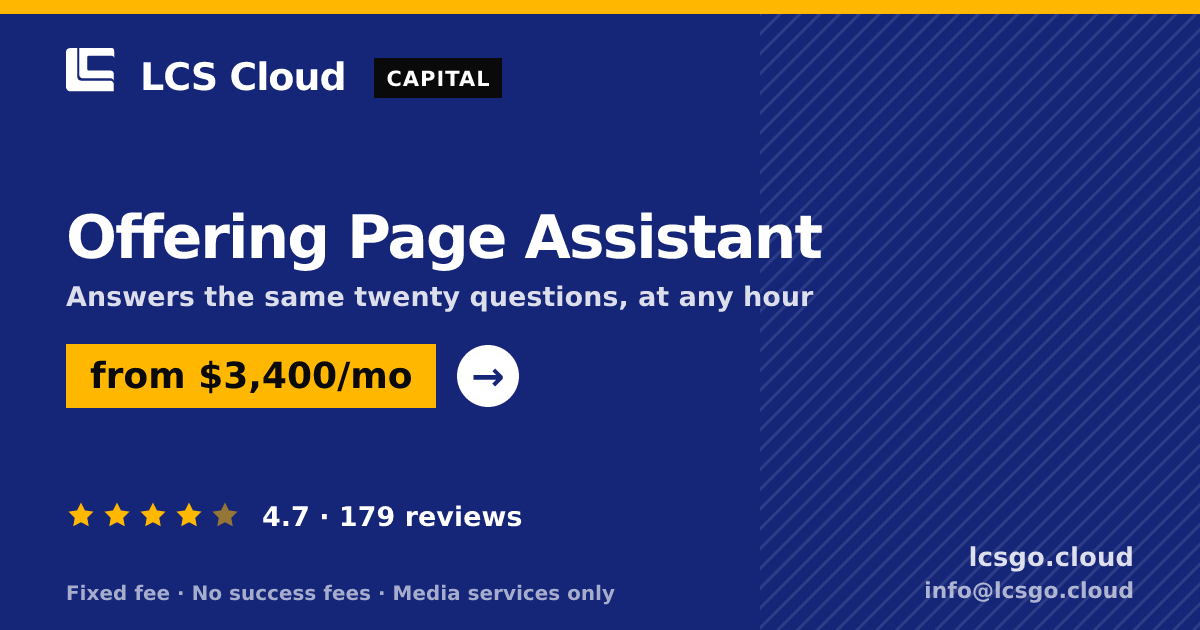 Offering Page Assistant — from $3,400/mo, rated 4.7/5 across 179 reviews. LCS Cloud.