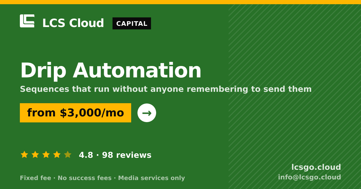 Drip Automation — from $3,000/mo, rated 4.8/5 across 98 reviews. LCS Cloud.