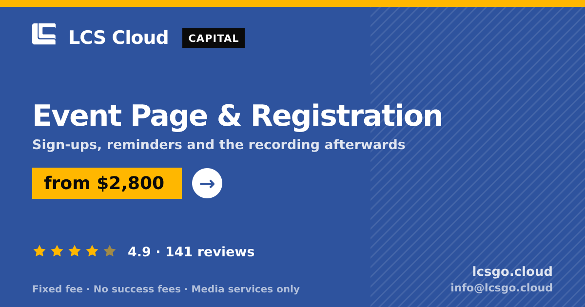 Event Page & Registration — from $2,800, rated 4.9/5 across 141 reviews. LCS Cloud.