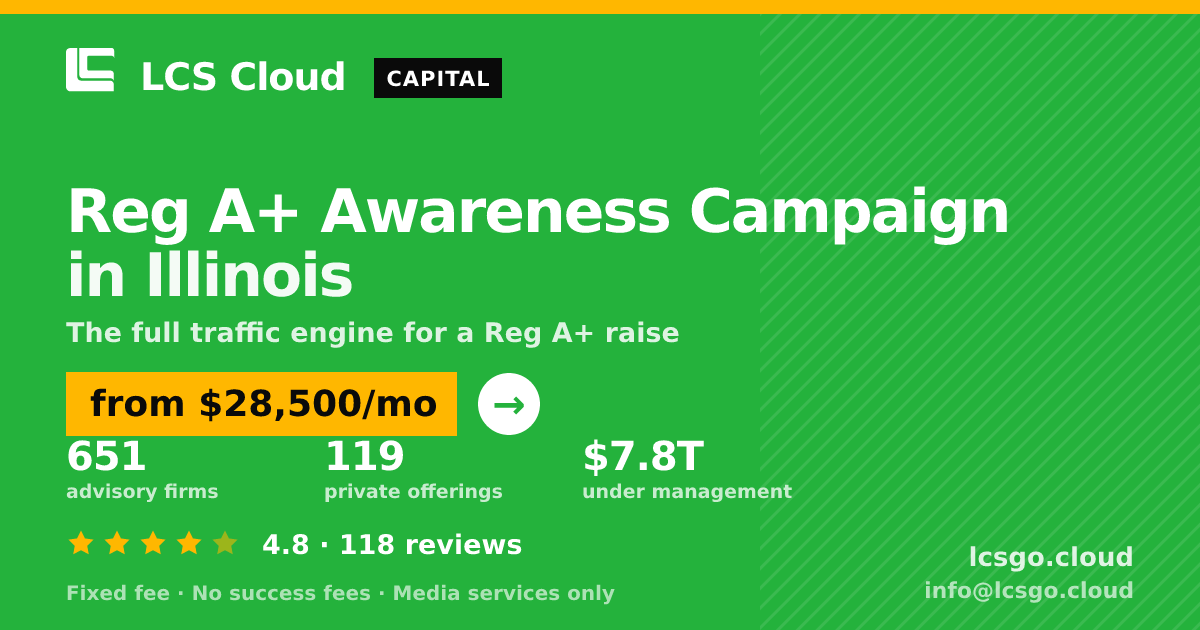 Reg A+ Awareness Campaign in Illinois — from $28,500/mo, rated 4.8/5 across 118 reviews. LCS Cloud.