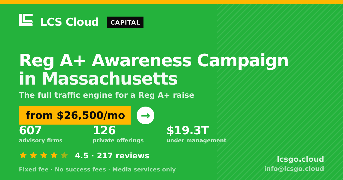 Reg A+ Awareness Campaign in Massachusetts — from $26,500/mo, rated 4.5/5 across 217 reviews. LCS Cloud.