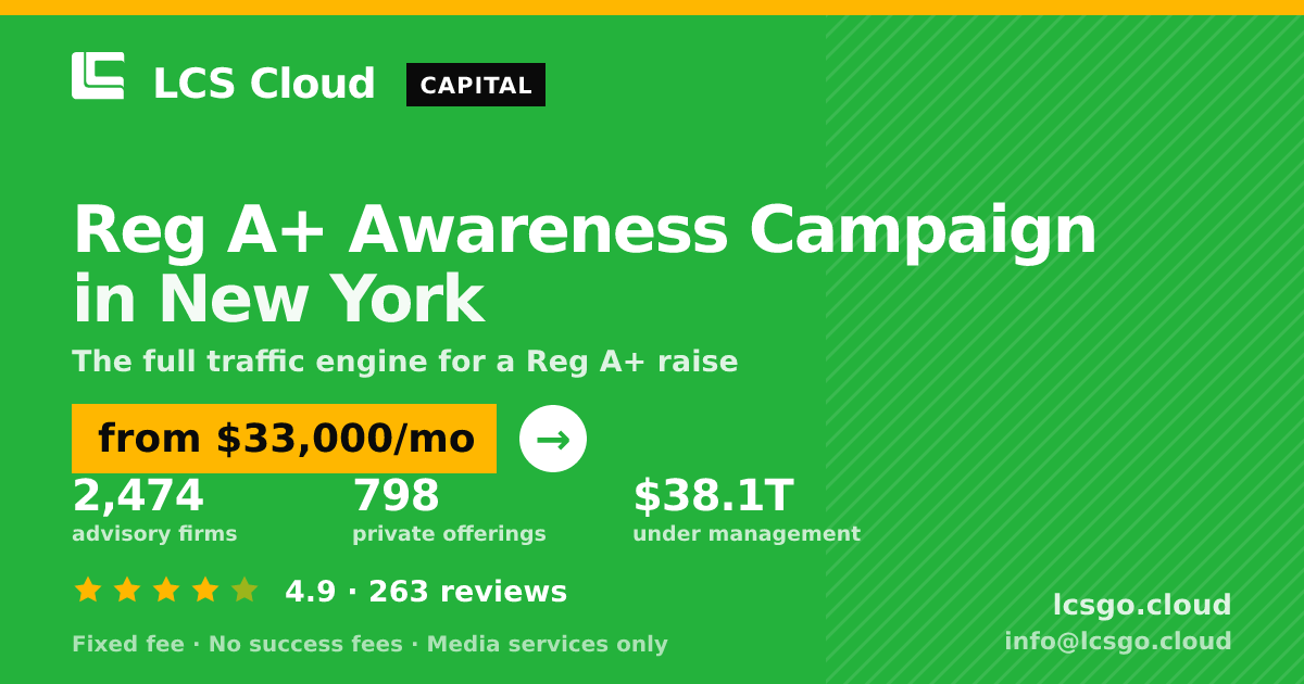 Reg A+ Awareness Campaign in New York — from $33,000/mo, rated 4.9/5 across 263 reviews. LCS Cloud.