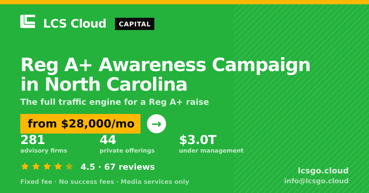 Reg A+ Awareness Campaign in North Carolina — from $28,000/mo, rated 4.5/5 across 67 reviews. LCS Cloud.