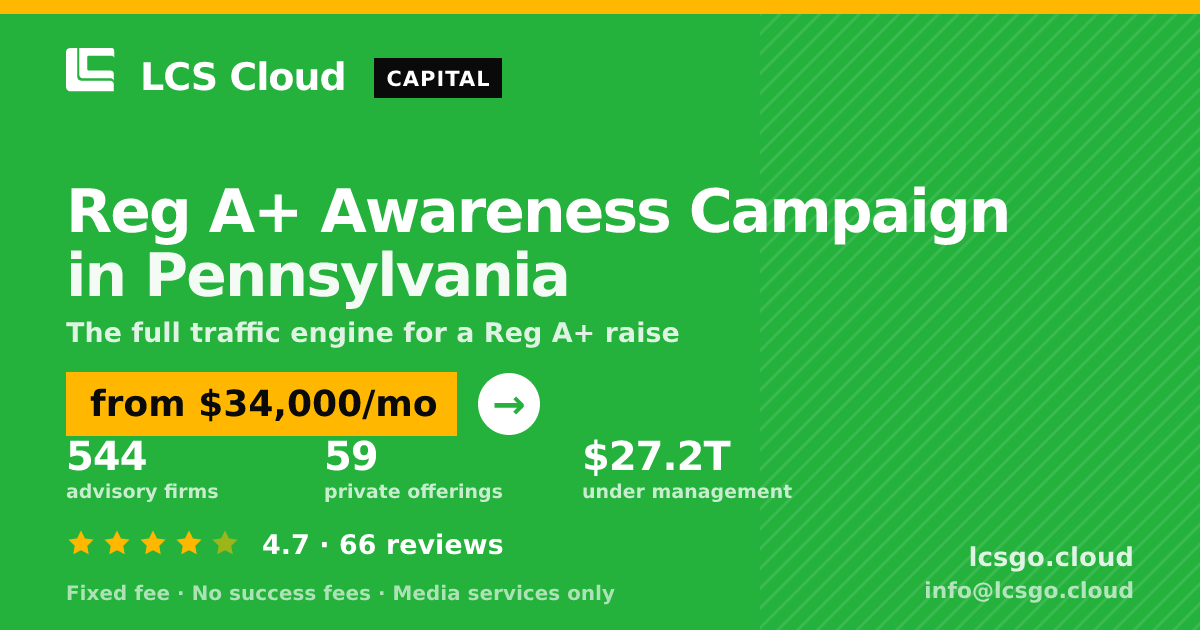 Reg A+ Awareness Campaign in Pennsylvania — from $34,000/mo, rated 4.7/5 across 66 reviews. LCS Cloud.