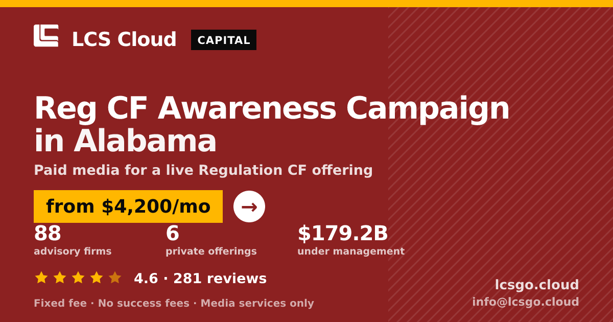 Reg CF Awareness Campaign in Alabama — from $4,200/mo, rated 4.6/5 across 281 reviews. LCS Cloud.
