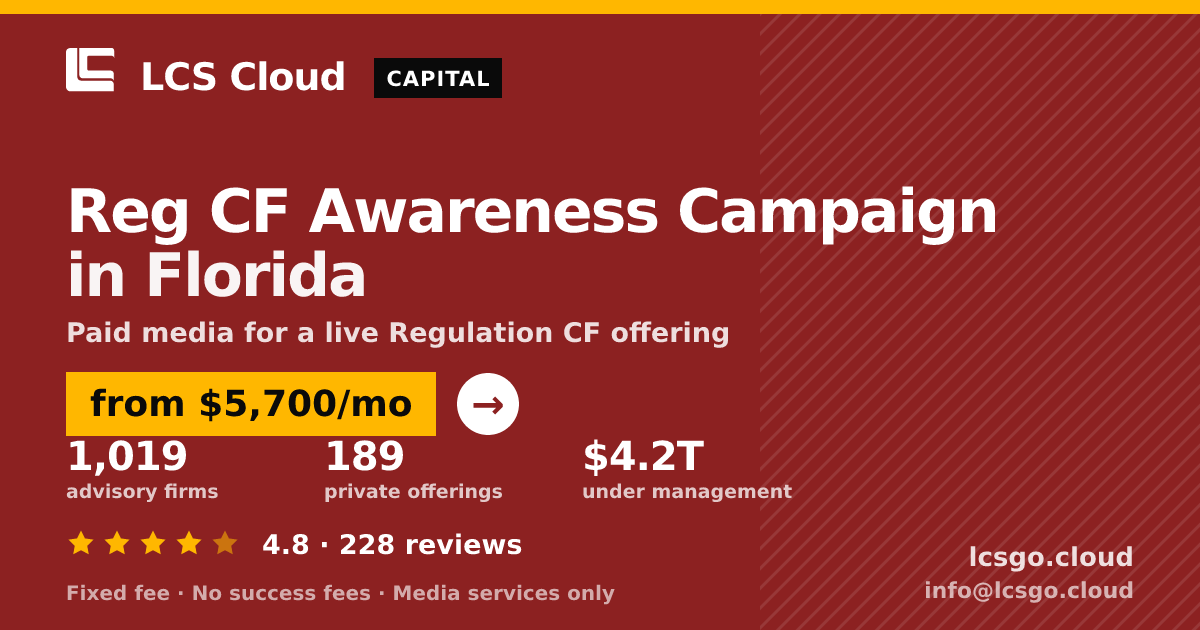 Reg CF Awareness Campaign in Florida — from $5,700/mo, rated 4.8/5 across 228 reviews. LCS Cloud.