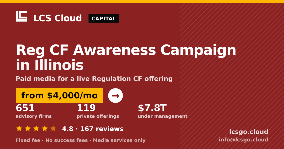 Reg CF Awareness Campaign in Illinois — from $4,000/mo, rated 4.8/5 across 167 reviews. LCS Cloud.