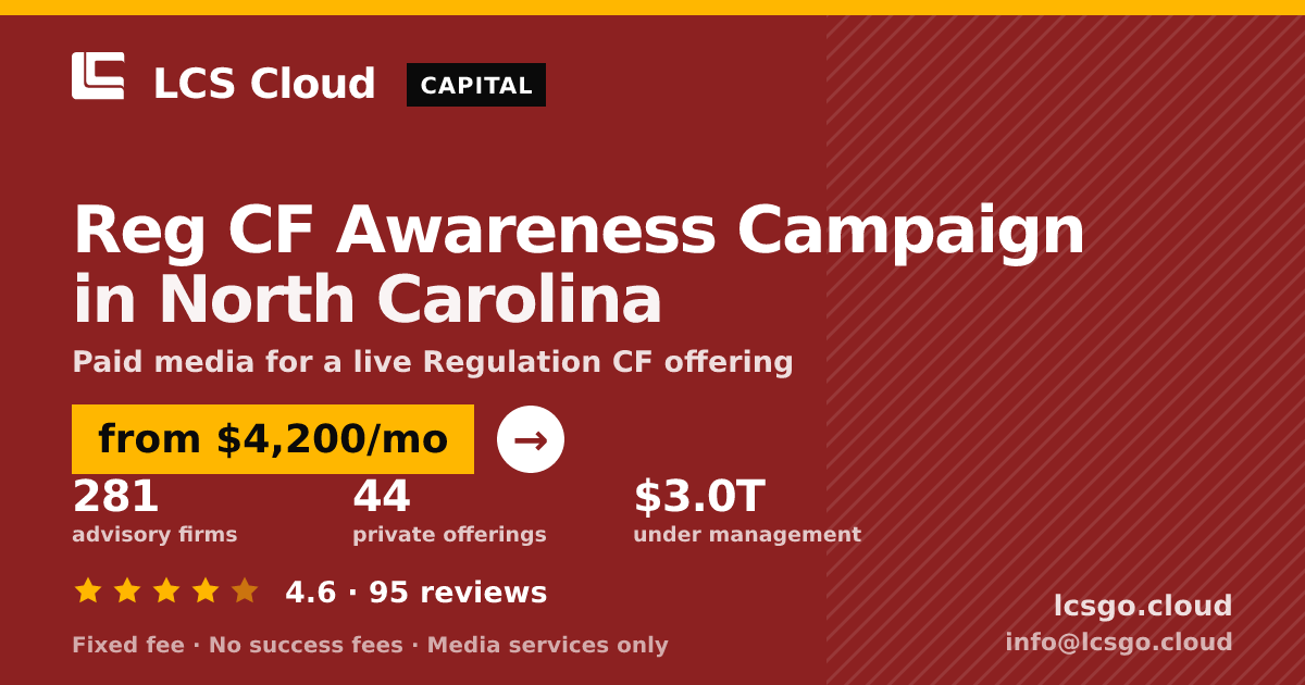 Reg CF Awareness Campaign in North Carolina — from $4,200/mo, rated 4.6/5 across 95 reviews. LCS Cloud.
