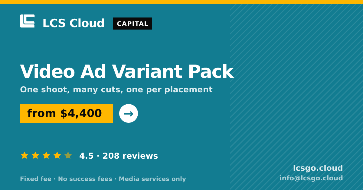 Video Ad Variant Pack — from $4,400, rated 4.5/5 across 208 reviews. LCS Cloud.