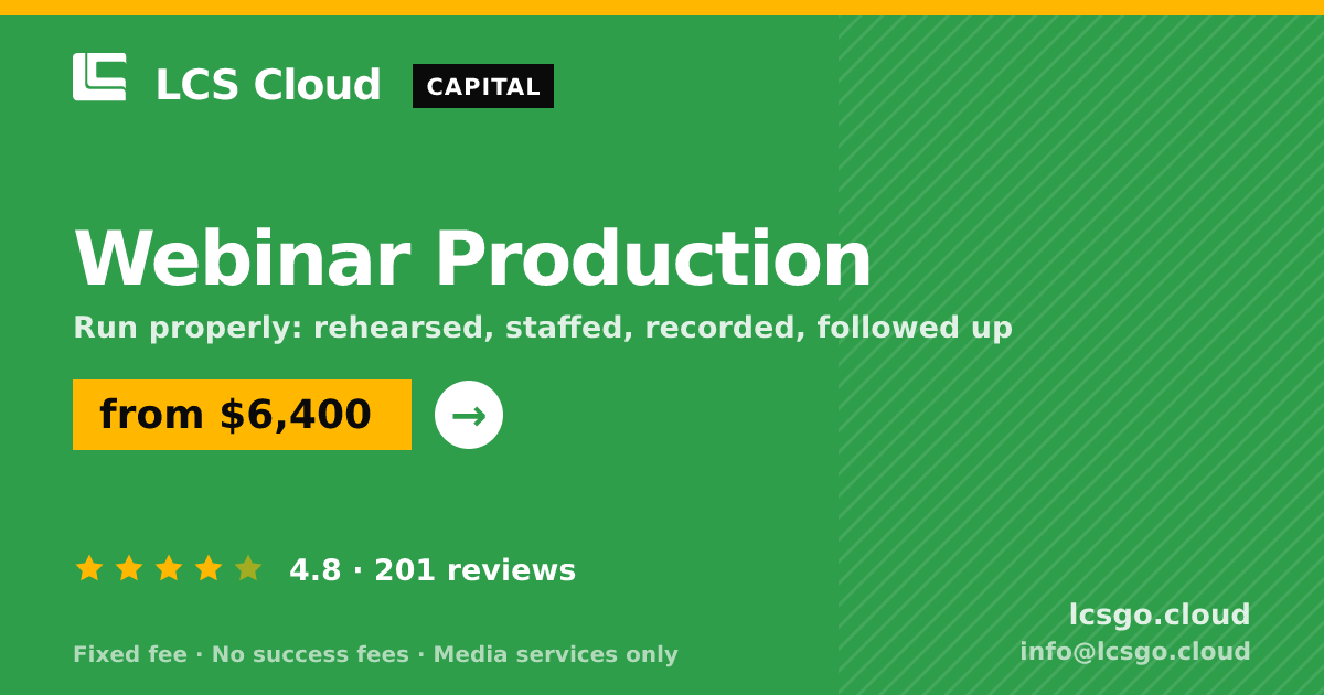 Webinar Production — from $6,400, rated 4.8/5 across 201 reviews. LCS Cloud.