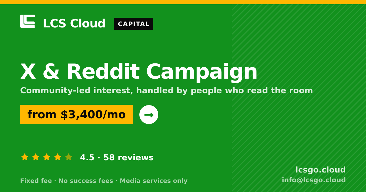X & Reddit Campaign — from $3,400/mo, rated 4.5/5 across 58 reviews. LCS Cloud.