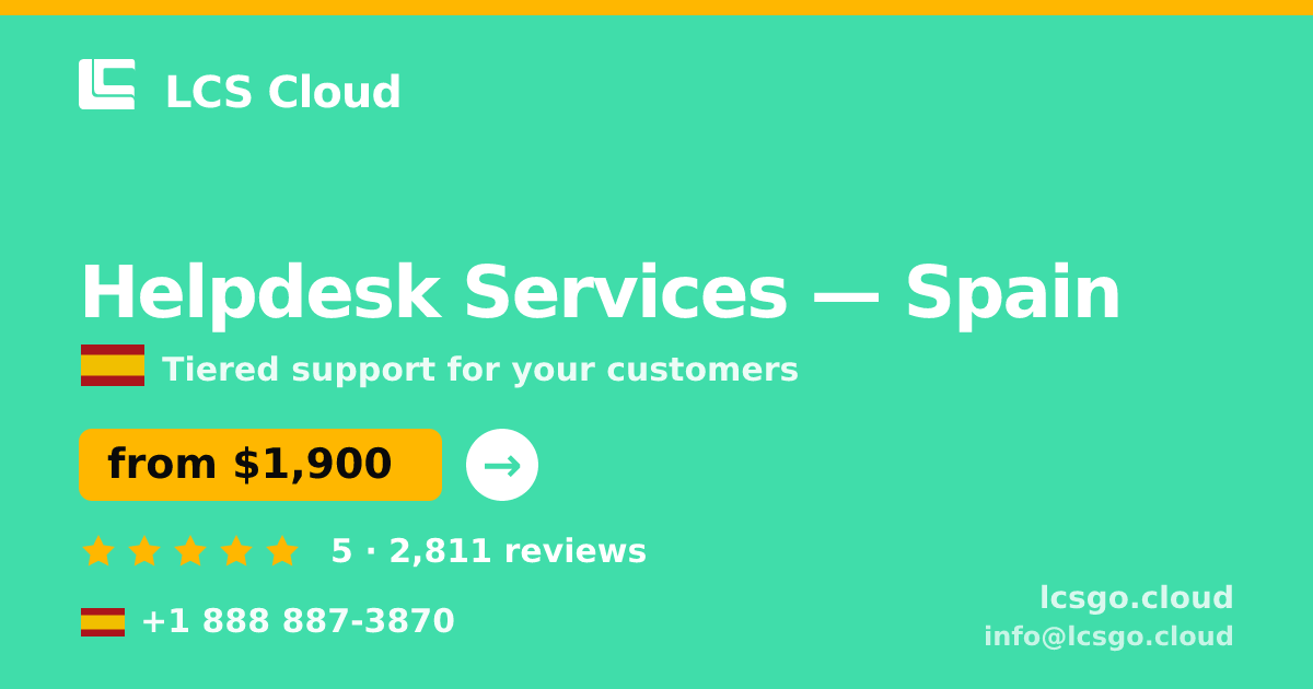Helpdesk Services in Spain — from $1,900/mo, rated 5/5 by 2811 clients. LCS Cloud.
