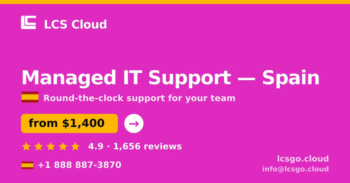 Managed IT Support in Spain — from $1,400/mo, rated 4.9/5 by 1656 clients. LCS Cloud.