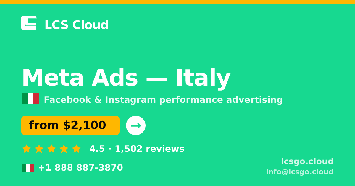 Meta Ads in Italy — from $2,100/mo, rated 4.5/5 by 1502 clients. LCS Cloud.