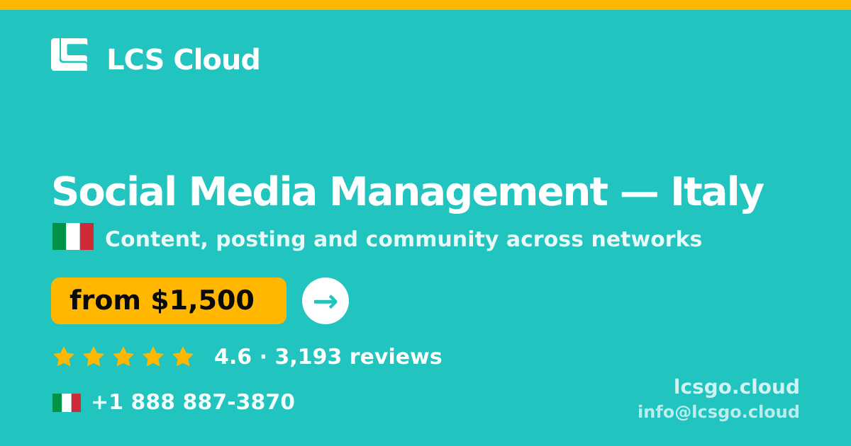 Social Media Management in Turin — from $1,100/mo, rated 4.6/5 by 3348 clients. LCS Cloud.