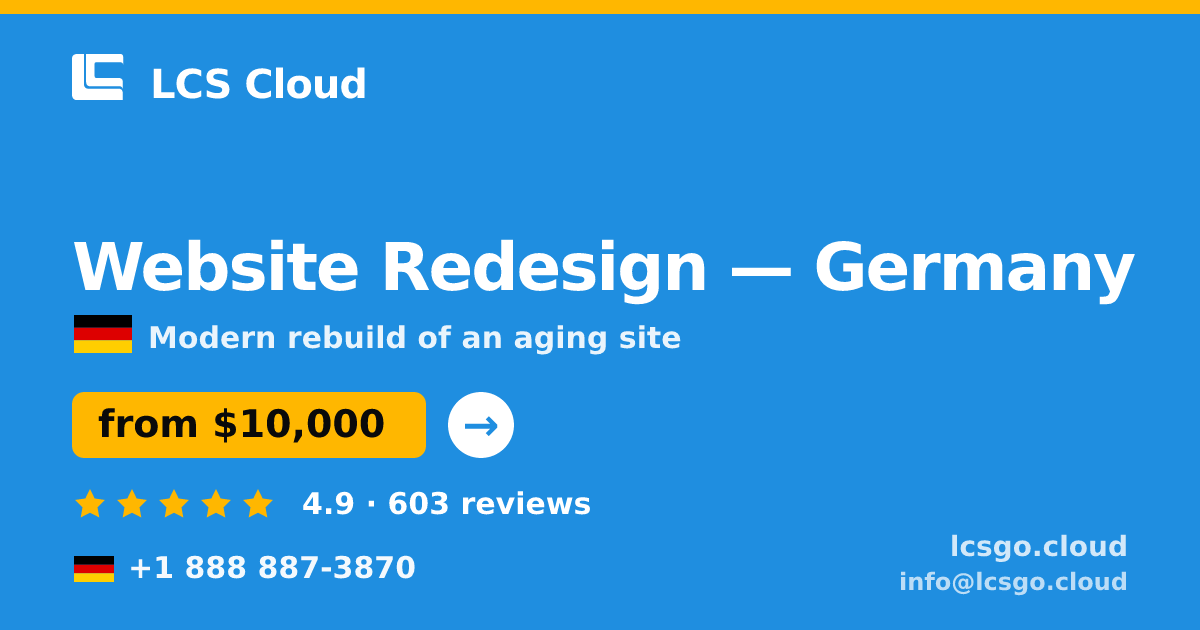 Website Redesign in Frankfurt — from $11,000, rated 4.8/5 by 2589 clients. LCS Cloud.